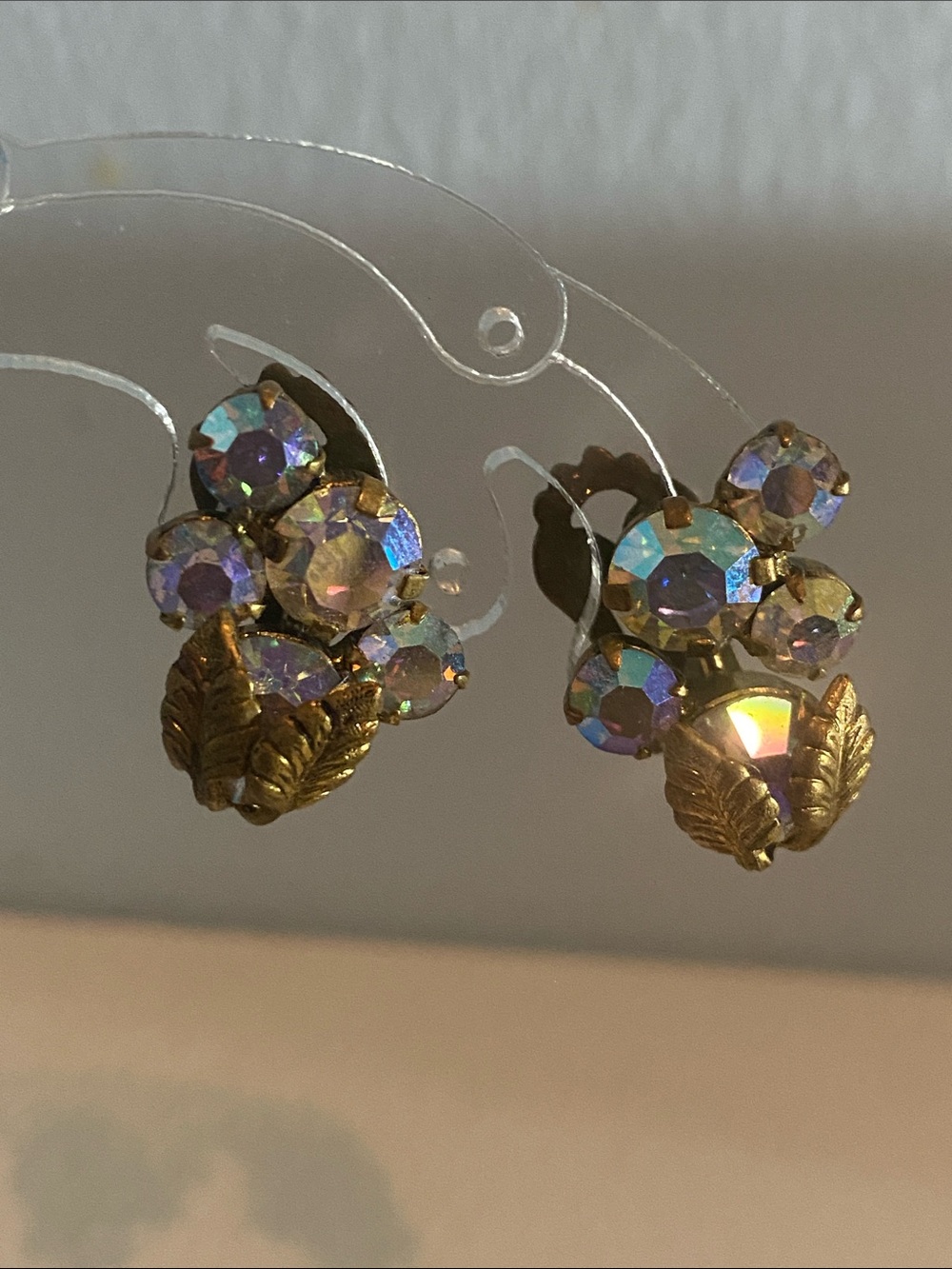 Aurora Crystal Cluster Drop Clip On Earrings with Gold Leaf Accent